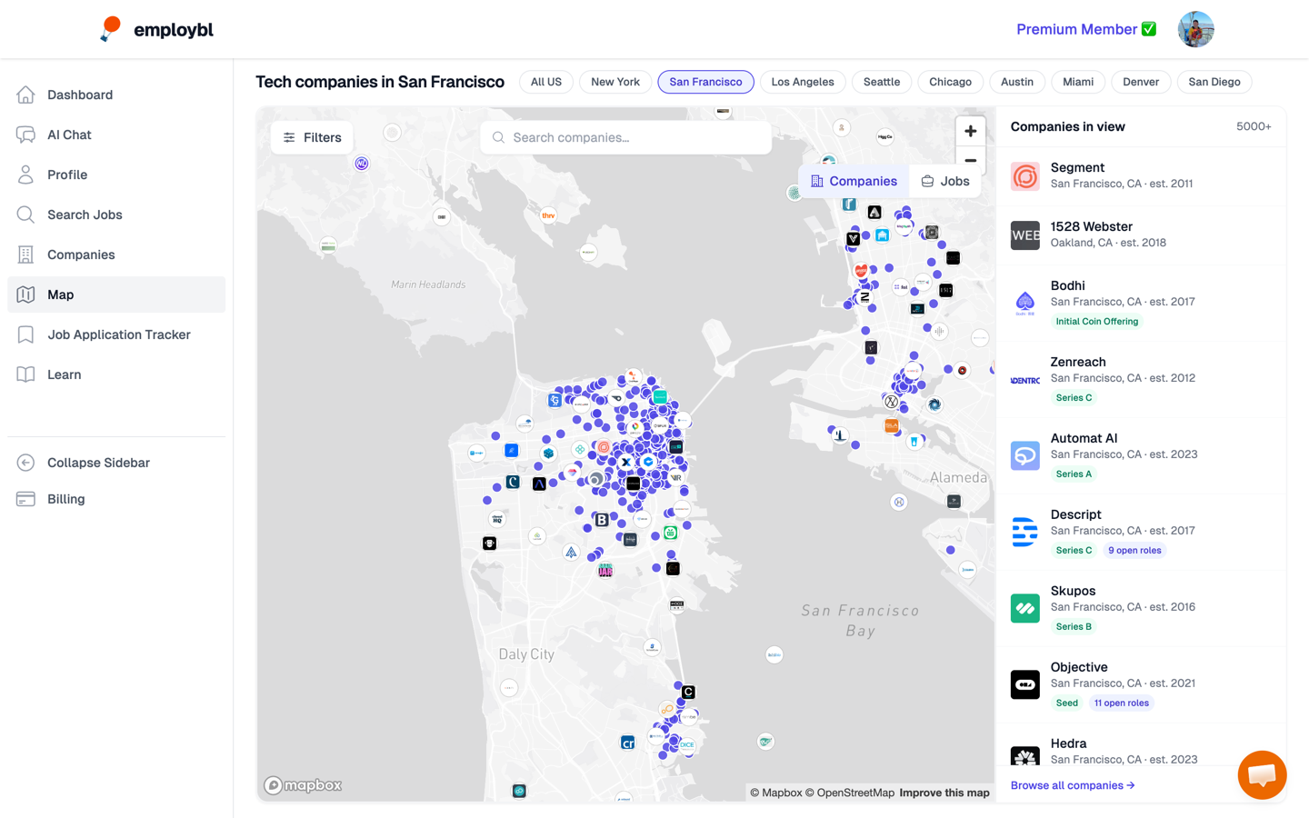 Interactive Employbl map of San Francisco tech companies with logo pins and a companies-in-view sidebar